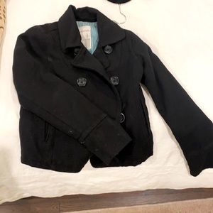 Black, short, pea coat with pockets.